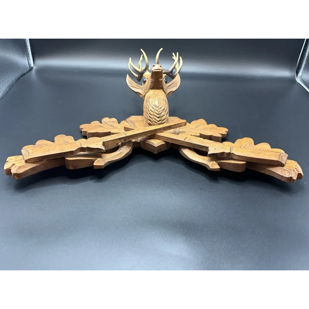 Vintage German Cuckoo Clock Wood Deer Head w/ Horns Guns Topper Rustic Log Cabin